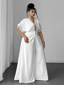 Maweii Jumpsuit Kasual Lengan Pendek Klasik Ukuran Plus, Serbaguna, Motif Renda, untuk Perjalanan Sehari-hari - Putih - View 6