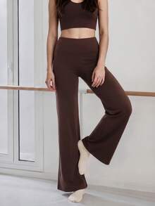 Nöista Part Of A Set, Activewear Pants With High Waist In Flare Shape And Brown Color. Yoga, Pilates, Barre, Fall, Winter, Casual, Sports, Gym. - Brown - View 5