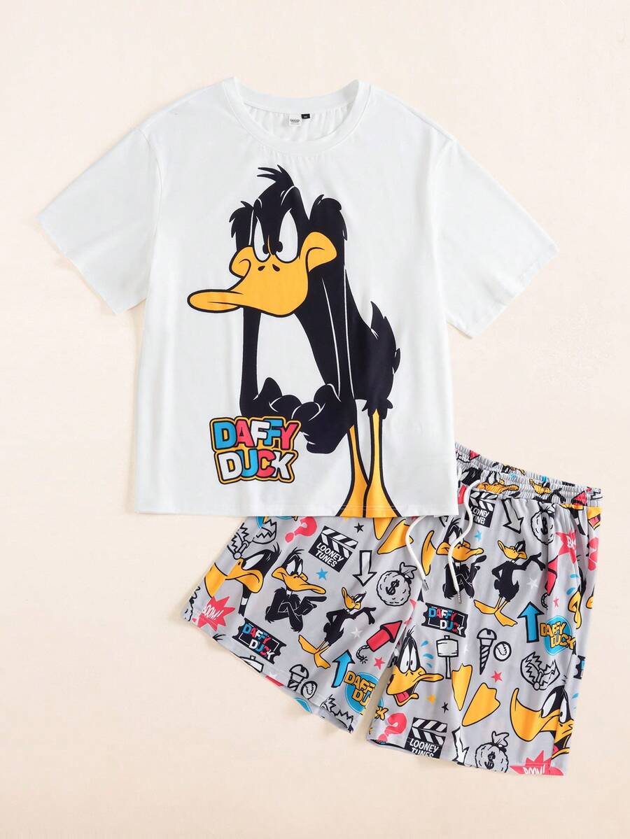LOONEY TUNES X SHEIN Plus Size Men's Crew Neck Letter Cartoon Print Short Sleeve Top And Shorts Casual Daily Home Sleepwear Set - White - View 1