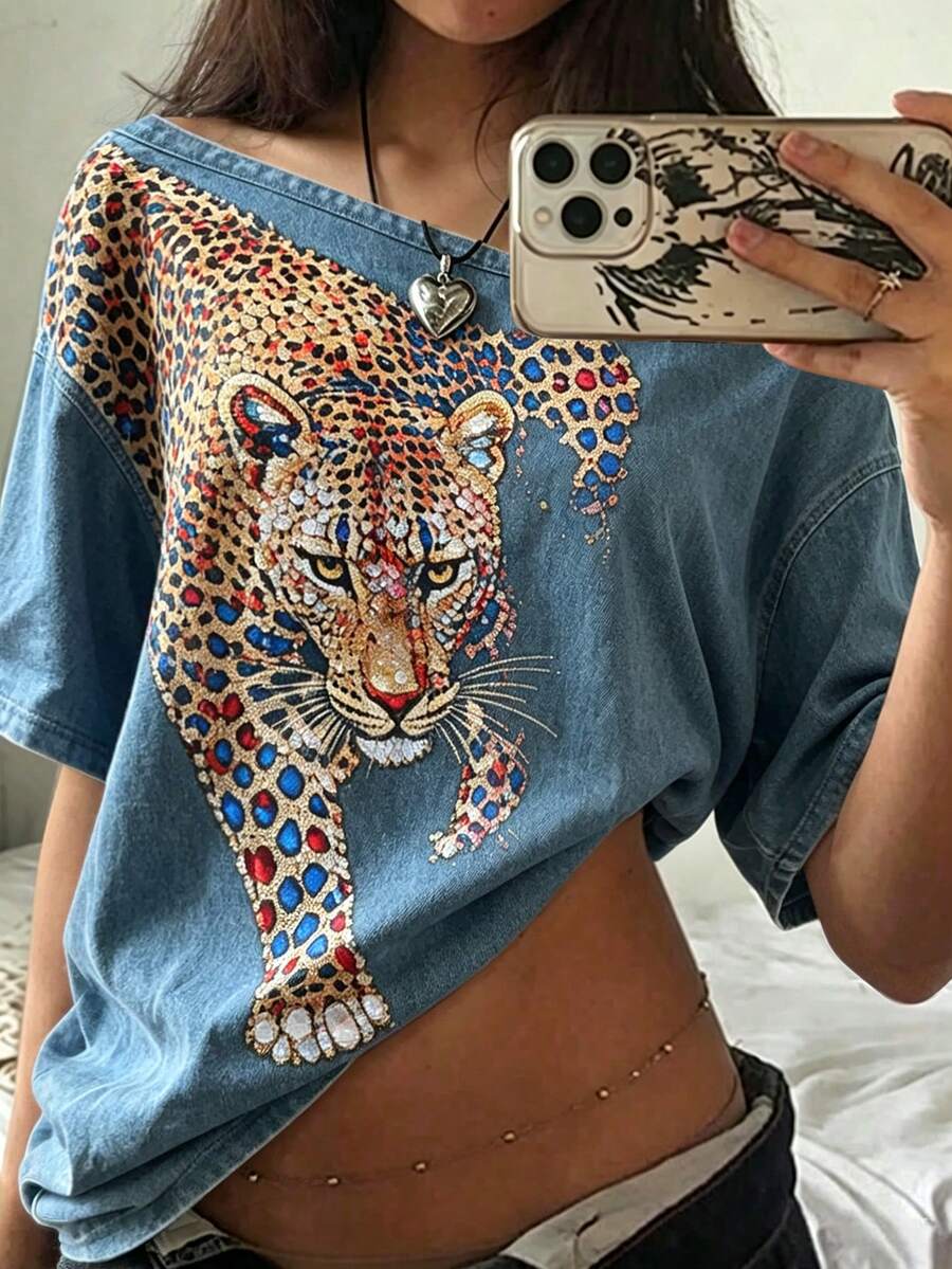 Lalippa 女款豹紋不對稱單肩短袖寬鬆上衣 - 彩色 - 查看 1
