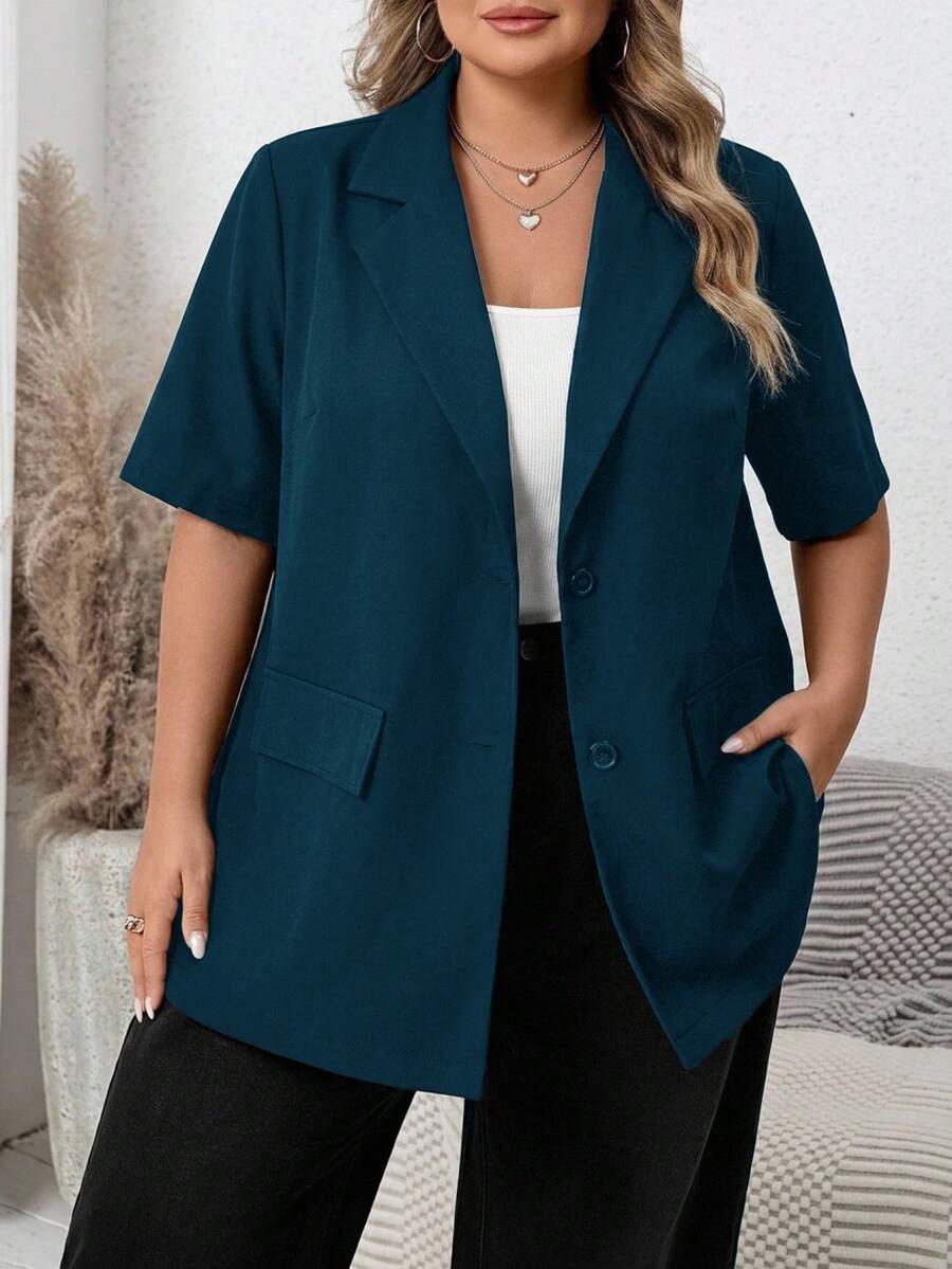 SHEIN CURVE+ 大尺碼女款 V 領短袖休閒西裝外套 - 適合畢業季、開學季 - 水鴨藍 - 查看 1