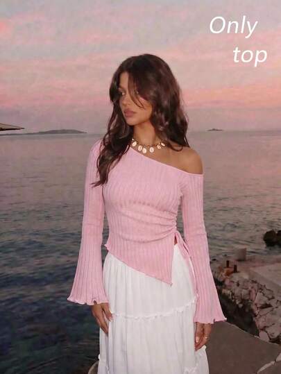 Skyraze Women's Apricot Drawstring Asymmetric Hem Flared Sleeve T-Shirt,Off Shoulder T-Shirt,Fall Women Clothes, Clothes,Comfortable T-Shirt