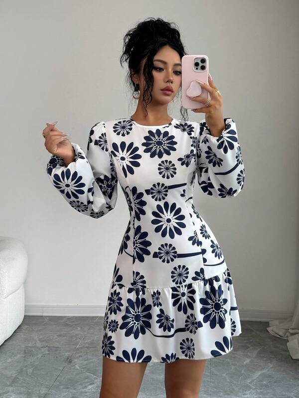 SHEIN Raffinéa Vestido de manga larga de verano para mujer con bajo con volantes, vestido elegante y de moda con estampado y cuello redondo