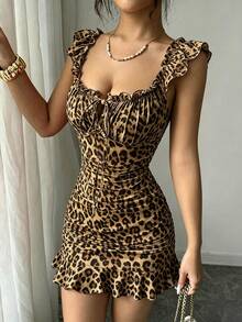 BamGleam Women's Leopard Print Front Tie Fashion Pleated Ruffle Dress - Brown - View 5