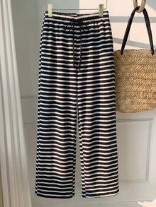 Comfortcana Women's Drawstring Waist Striped Casual Everyday Sweatpants - Black and White - View 3