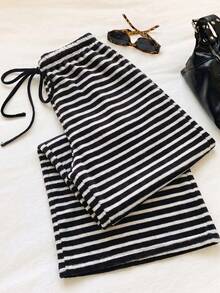 Comfortcana Women's Drawstring Waist Striped Casual Everyday Sweatpants - Black and White - View 7