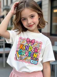 Elladie kids (1件) 返校季女童幼兒清新文具相框花卉彩色字母星星蝴蝶結圓點圖案基礎短版T恤 - 白色 - 查看 4