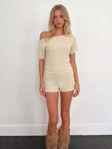 Sundraya Women's Solid Color Asymmetric Neck Sweater And Knit Shorts 2 Pieces Set Brunch Vacation Cream White Summer Casual - Beige - View 5