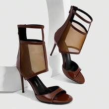 CUCCOO SZL Sandalias de tacón alto elegantes y sexys para mujer con diseño de malla transpirable y hueco, zapatos para banquetes y fiestas, botas frescas, tacones para graduación, zapatos de verano - Marrón - Ver 4