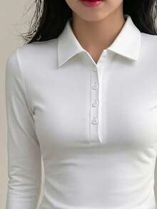 DAZY Solid Color Round Neck Fitted Short Sleeve Women T-Shirt Summer - White - View 3