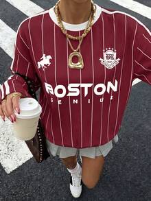 Muchica 女款秋冬休閒酒紅色圓領長袖上衣，對比白色領口與條紋袖子，馬印花增添復古、學院風、經典、時尚、青春與街頭風格，面料光滑舒適，秋季理想之選 - 彩色 - 查看 5