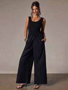 Athîral High Waist Elastic Jumpsuit, Minimalist Casual Elegant Style, Suitable For Daily Brunch Vacation, Dating, Commuting Black Summer - Black - View 1