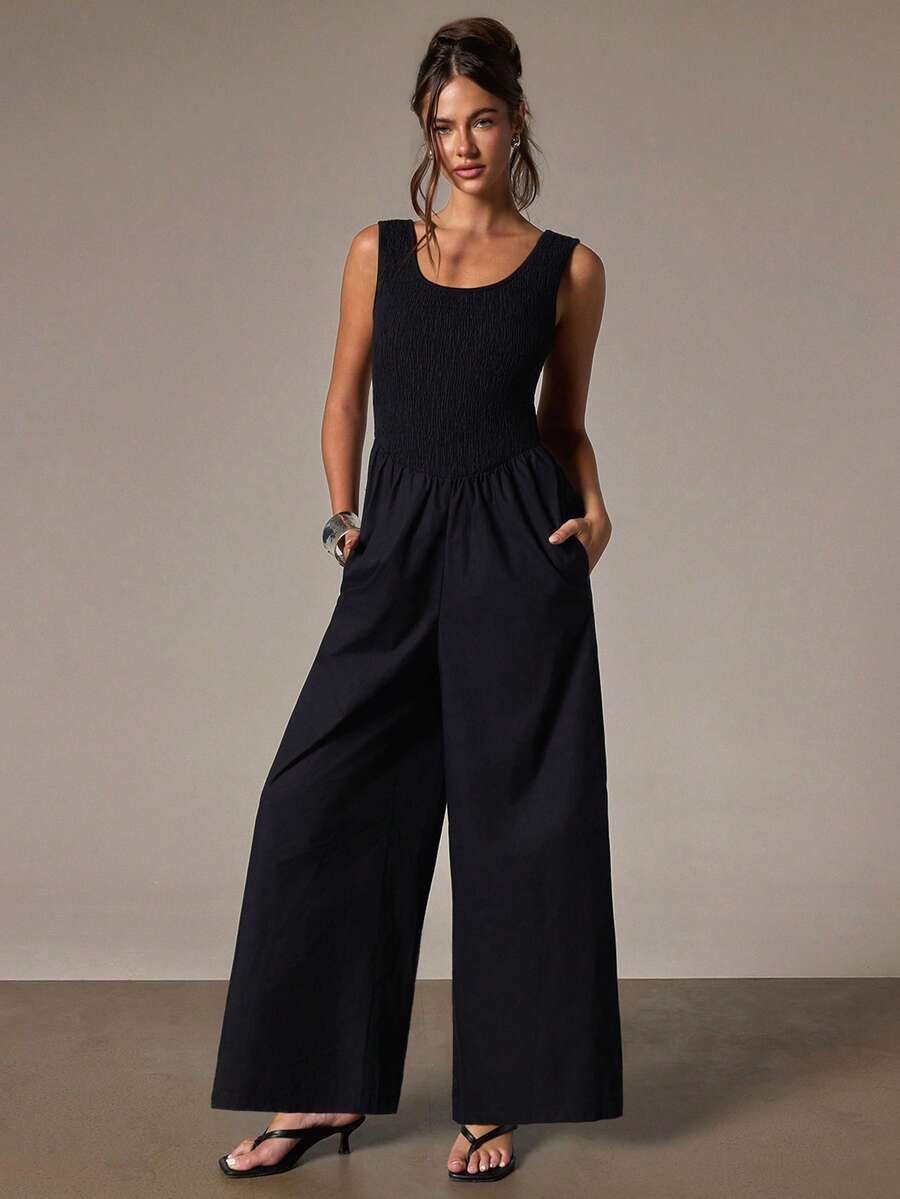 Athîral High Waist Elastic Jumpsuit, Minimalist Casual Elegant Style, Suitable For Daily Brunch Vacation, Dating, Commuting Black Summer - Black - View 1