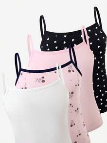 4pcs/Set Girls Toddler Bow & Heart Print Sweet Minimalist Cute Mori Style Soft Basic Camisole & Panty Set, Multi-Color - Multicolor - View 8