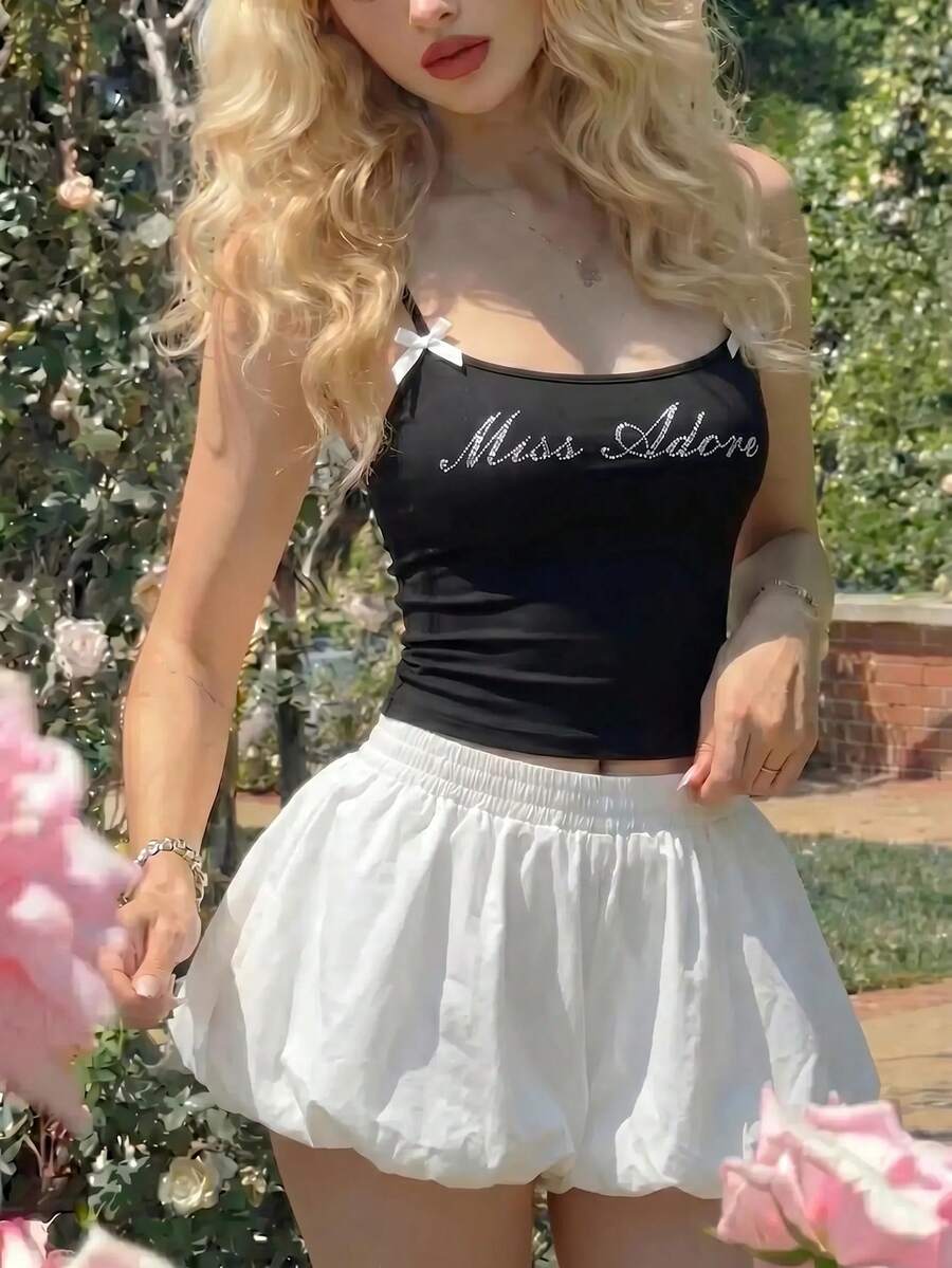 SHEIN MOD Women Fashionable Letter Rhinestone Bow Embellished Camisole Top - Black - View 1
