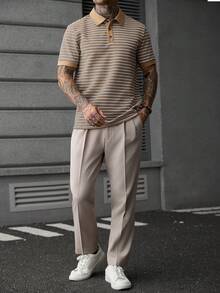 Manfinity Homme Men's Contrast Collar Textured Knit Striped Polo Shirt, Men Retro Casual Short Sleeve Street Top - Multicolor - View 6