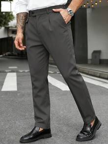 Manfinity Mode Men's Plus Size Solid Color Straight Leg Business Travel Dress Pants With Pockets - Dark Grey - View 5