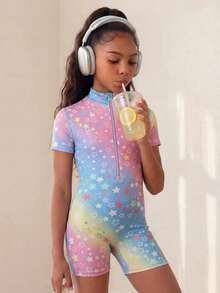 SHEIN 少女可愛星星印花短袖前開襟拉鍊運動連身褲，返校季秋冬新品 - 彩色 - 查看 3
