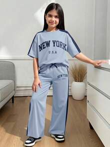 Tween Girl Loose Casual Comfortable Round Neck Patchwork Contrast Color T-Shirt And Pants Set - Multicolor - View 9