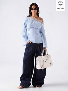 LYSMO Blusa de mujer con patchwork de encaje y rayas, casual elegante versátil para uso diario, oficina, brunch, conjuntos para salir, top combinable azul y blanco a rayas otoño - Azul - Ver 5