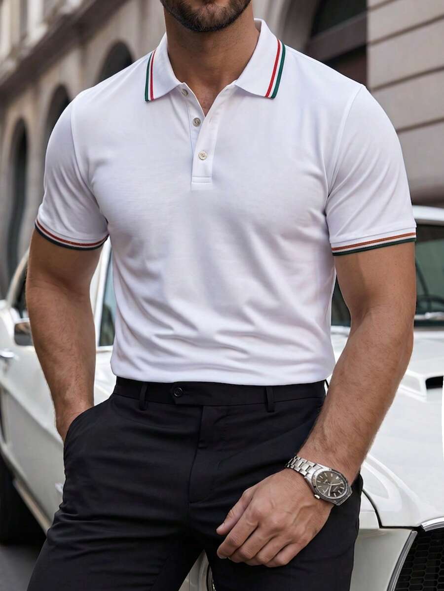 Manfinity Mode Men Striped Print Button Casual Short Sleeve Polo Formal Shirt, Ceremony - White - View 1