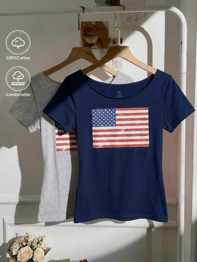 CovetEZ American Flag Print Casual Women's T-Shirt
