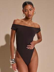 SHEIN BAE Spring Summer Solid Dark Brown Off-Shoulder Short Sleeve Knit Bodysuit, Women's Sexy Elegant Slim-Fit Shaping Night Out Going Out - Brown - View 3