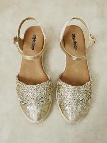 Styleloop Zapatos de cuña y plataforma para mujer, sandalias tejidas con flor hueca y brillo metálico, ropa de vacaciones, artículos esenciales de viaje, estilo bohemio - Dorado - Ver 10