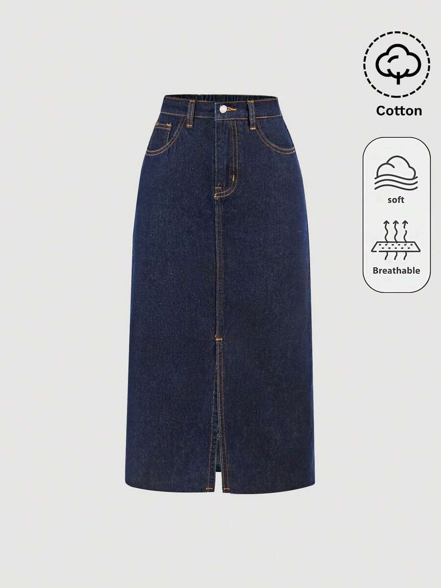 Tween Girl Deep Blue Denim Skirt Halloween World Cup Graduation Casual Back To School Summer Winter Fall - Blue - View 1
