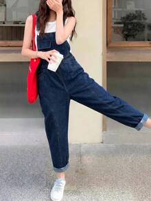 SHEIN 青少年女孩藍色牛仔寬鬆錐形吊帶褲 - 藍色 - 查看 6