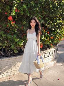 SHEIN MOD White Lace Patchwork Spaghetti Strap Dress For Women, Wedding Guest Dress, Graduation Dress - White - View 5