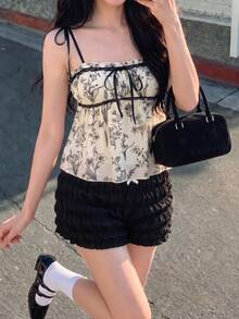 SHEIN MOD Tomato Girl Summer Kawaii Bow Women Ruched Micro Mini Shorts, Bloomers, Christmas Women - Black - View 3