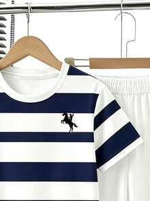 SHEIN 隨機3款發1套休閒舒適時尚簡約百搭藍白黑條紋馬術圖案圓領短袖T恤長褲套裝 - 彩色 - 查看 10