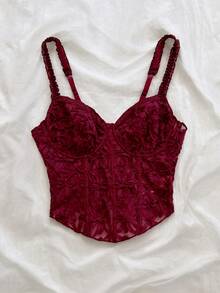 Soleia Spring/Summer Casual Vacation Lace Sheer Fishbone Tank Top For Beach And Wedding - Burgundy - View 6