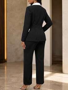 Fleurora Women's Colorblock Lapel NeckLong Sleeve Double-Breasted Jacket And Pants Elegant Suit Set - Black and White - View 2