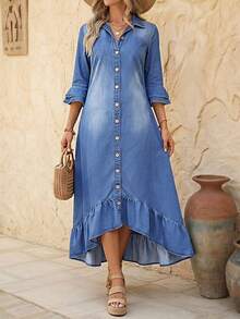 EMERY ROSE Women's Fashionable Front Short Back Long Single-Breasted Denim Dress - Light Wash - View 2