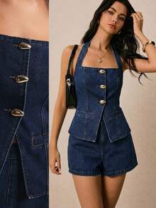 Poéselle Women's Metal Single-Breasted Halter Top And Denim Shorts Set Fall - Dark Wash - View 2