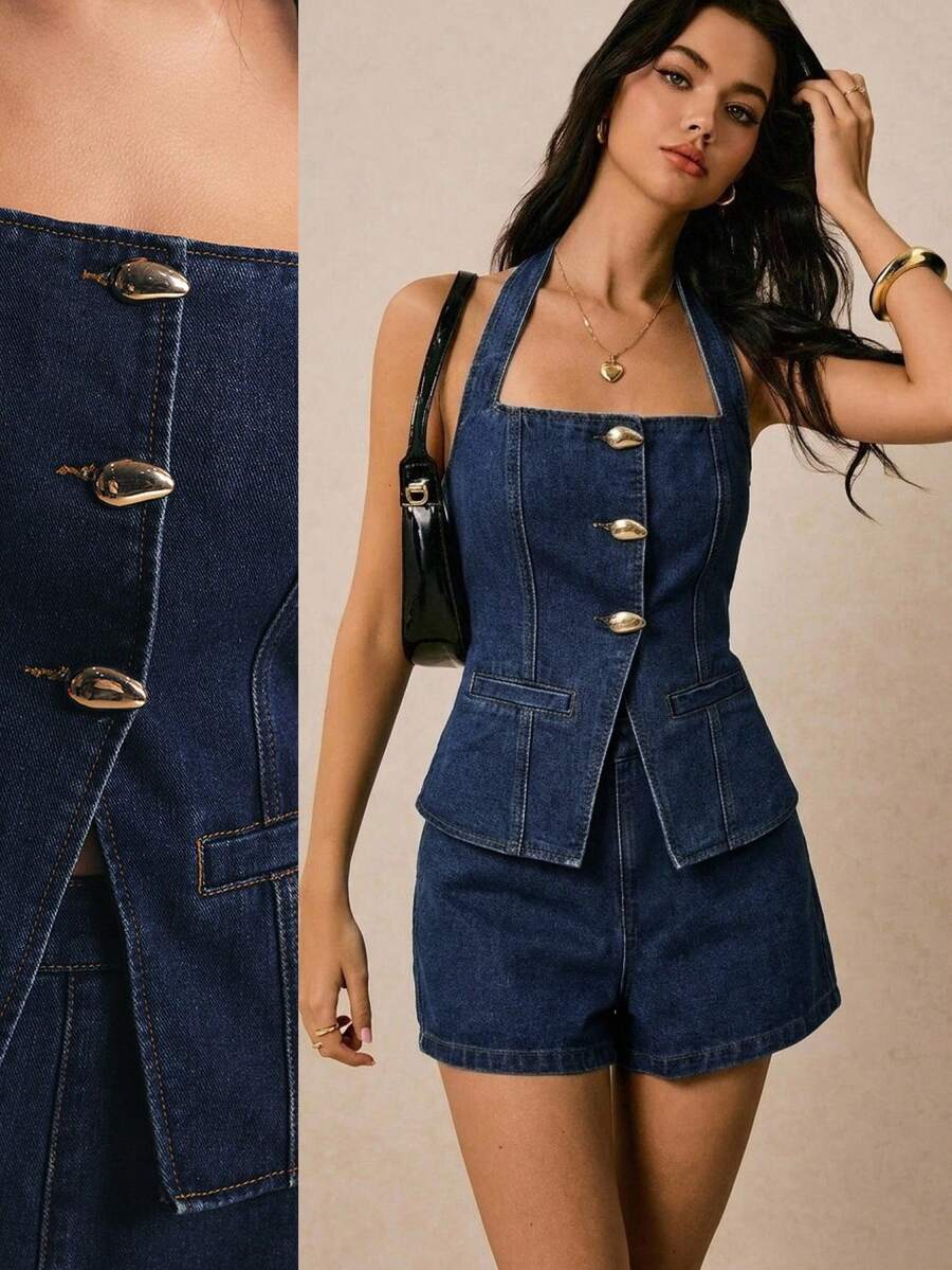 Poéselle Women's Metal Single-Breasted Halter Top And Denim Shorts Set Fall