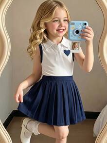 Elladie kids 1件隨機款女款大學風 Polo 領無袖針織 T 恤百褶裙套裝，返校穿搭，夏季服飾 - 彩色 - 查看 2