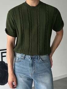 DAZY Camiseta de punto de manga corta unicolor verde militar acanalado para hombre - Verde militar - Ver 2