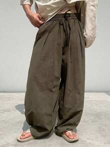 DAZY Long Brown Curved Blade Design Loose Elastic Waist Men's Pants - Brown - View 2