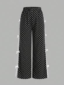 Tween女孩黑色寬鬆長褲，附3D蝴蝶結與織帶設計，休閒日常百搭時尚街頭風 - 彩色 - 查看 4