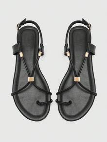 CUCCOO BIZCHIC French-Toed Roman Sandals For Women, Cross-Strapped Metal Embellishment, Flat-Bottomed Comfortable And Versatile Women's Shoes - Black - View 2