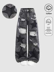 SHEIN Girlism 青少年女孩星星刺繡圖案黑色牛仔寬鬆破洞寬腿長褲 - 黑色 - 查看 2