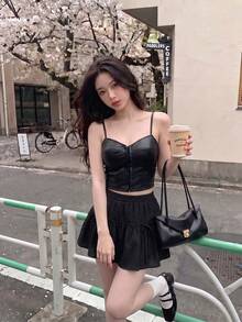 SHEIN MOD Hook And Eye PU Leather Cami Top Without Blouse - Black - View 3