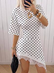 SHEIN EZwear 復古經典黑白波點印花白色針織蕾絲拼接修身洋裝（女款），秋季上衣，適合日常通勤、派對、秋冬/夏季、聖誕節、新年、感恩節、派對、婚禮、海灘、畢業典禮、優雅、外出、約會、通勤、情人節、優雅、度假、Y2K、畢業 - 彩色 - 查看 5