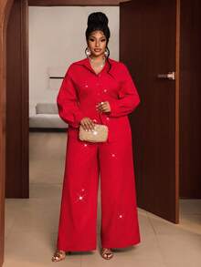 Maweii Plus Size Elegant Low-Key Mature Style Red 2 Pieces Set With Subtle Glitter And Starry Sparkle, Luxury Festive Red Outfit - Red - View 2
