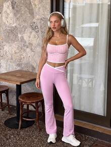 SHEIN Sovereign Charm Women's Colorblock Asymmetric Waist Flare Leg Sports Pants - Pink - View 4