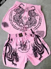 ROMWE MEN Street Life Teen Boy Dragon Print Casual Street Boxing Shorts, Summer Fashion - Pink - View 1