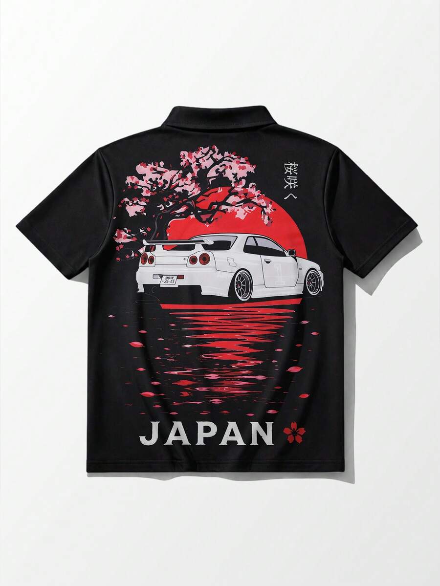 ROMWE MEN Street Life 男士賽車印花短袖休閒 Polo 衫 - 彩色 - 查看 1